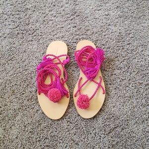 Loeffler Randall pom pom sandals pink and purple 8